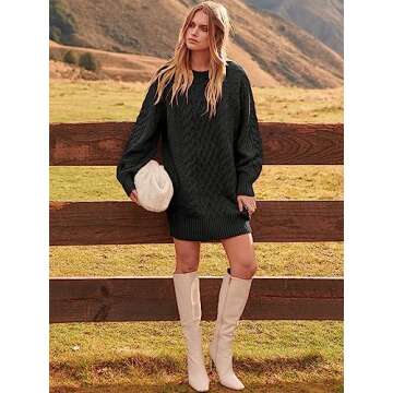 ANRABESS Women Long Sleeve Oversized Cable Knit Chunky Baggy Loose Pullover Tunic Mini Sweater Dress 2024 Trendy Fall Outfits Black Large