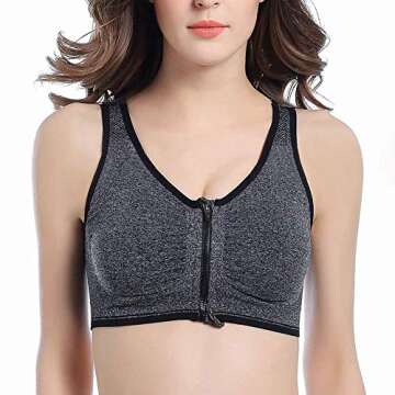 Women's Zip Front Sports Bra Wireless Post-Surgery Bra Racerback Active Yoga Sports Bras Plus Size S...