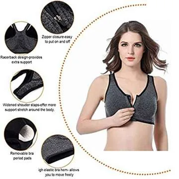 Women's Zip Front Sports Bra Wireless Post-Surgery Bra Racerback Active Yoga Sports Bras Plus Size Sports Bra Pack Mastectomy Bras for Women Front Closure Bra (Large, 3 Pack(Black+White+Grey))