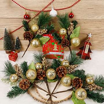 DR.DUDU Christmas Tree Ornaments 6 Pcs 12'' Gold Picks and Sprays with Brown Pine Cone Green Poinset...