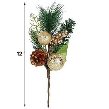 DR.DUDU Christmas Tree Ornaments 6 Pcs 12'' Gold Picks and Sprays with Brown Pine Cone Green Poinsettia Leaf, Artificial Berry Branches Stems Decorations DIY Crafts for Vase Filler Wreath Decor (Gold)
