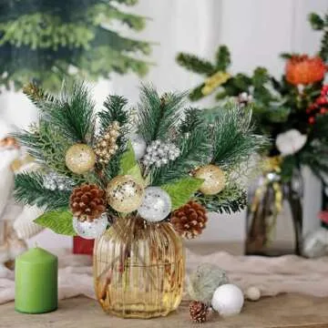 DR.DUDU Christmas Tree Ornaments 6 Pcs 12'' Gold Picks and Sprays with Brown Pine Cone Green Poinsettia Leaf, Artificial Berry Branches Stems Decorations DIY Crafts for Vase Filler Wreath Decor (Gold)