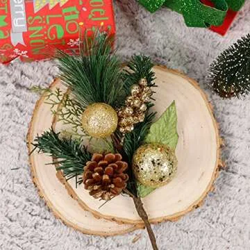 DR.DUDU Christmas Tree Ornaments 6 Pcs 12'' Gold Picks and Sprays with Brown Pine Cone Green Poinsettia Leaf, Artificial Berry Branches Stems Decorations DIY Crafts for Vase Filler Wreath Decor (Gold)