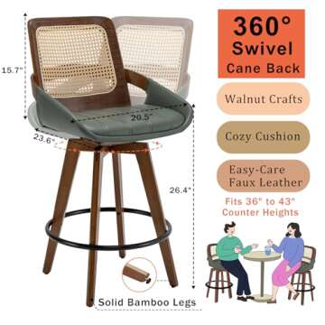 KUNZENT 26.4 inch Swivel Rattan Bar Stools - Set of 2 with Cane Back and Curved Arms