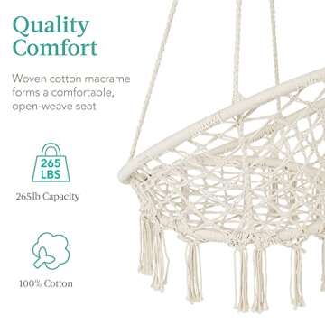 Best Choice Products Macramé Hanging Chair, Handwoven Cotton Hammock Swing for Indoor & Outdoor Use w/Mounting Hardware, Backrest, 265lb Capacity - Beige