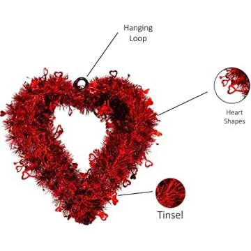 14" Valentines Wreath for Front Door, Tinsel Heart Wreath for Indoor Outdoor Decorations, Valentines Day Heart Shaped Wreath Sign Wall Hanging Decor by 4E's Novelty
