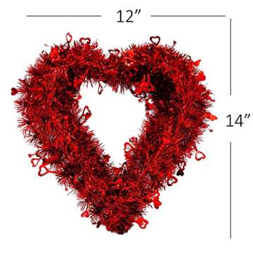 14" Valentines Wreath for Front Door, Tinsel Heart Wreath for Indoor Outdoor Decorations, Valentines Day Heart Shaped Wreath Sign Wall Hanging Decor by 4E's Novelty