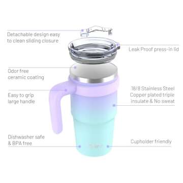 Zukro 20 oz Insulated Tumbler Ceramic Interior Coating, No Metallic Aftertaste, Vacuum Stainless Steel Double-walled Coffee Cup with Handle, Lid and Straw, No Sweat, Dishwasher Safe,Floral Pink