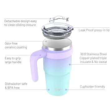 Zukro 20 oz Insulated Tumbler Ceramic Interior Coating, No Metallic Aftertaste, Vacuum Stainless Steel Double-walled Coffee Cup with Handle, Lid and Straw, No Sweat, Dishwasher Safe,Floral Pink