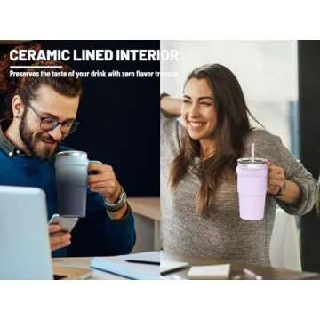 Zukro 20 oz Insulated Tumbler Ceramic Interior Coating, No Metallic Aftertaste, Vacuum Stainless Steel Double-walled Coffee Cup with Handle, Lid and Straw, No Sweat, Dishwasher Safe,Floral Pink