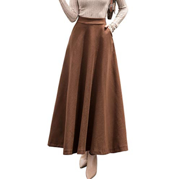 chouyatou Women's Fall Winter A-Line Swing Pleated Long Maxi Wool Skater Skirt (Large, Pocket-Brown)
