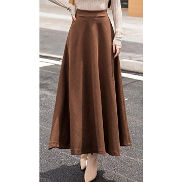chouyatou Women's Fall Winter A-Line Swing Pleated Long Maxi Wool Skater Skirt (Large, Pocket-Brown)