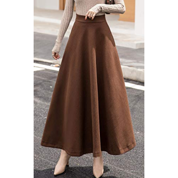 chouyatou Women's Fall Winter A-Line Swing Pleated Long Maxi Wool Skater Skirt (Large, Pocket-Brown)