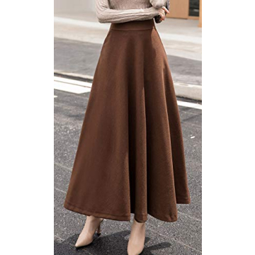 chouyatou Women's Fall Winter A-Line Swing Pleated Long Maxi Wool Skater Skirt (Large, Pocket-Brown)