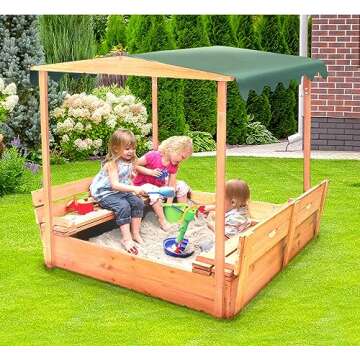 Badger Basket Covered Convertible Cedar Sandbox with Two Benches and Canopy – Outdoor Play for Kid...