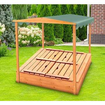 Badger Basket Covered Convertible Cedar Sandbox with Two Benches and Canopy – Outdoor Play for Kids with Built-In Seating and Shade