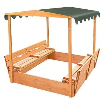 Badger Basket Covered Convertible Cedar Sandbox with Two Benches and Canopy – Outdoor Play for Kids with Built-In Seating and Shade