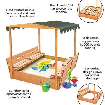 Badger Basket Covered Convertible Cedar Sandbox with Two Benches and Canopy – Outdoor Play for Kids with Built-In Seating and Shade