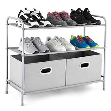 MaidMAX 3 Tiers Closet Shelf Organizer with 2 Drawers for Home Storage and Organization, Silver Grey