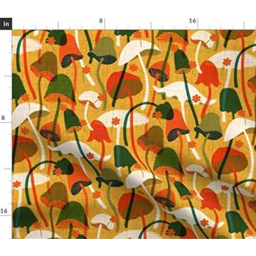 Spoonflower Fabric - Mushroom Botanical Toadstools Mustard Gold Green Kitchen Decor Printed on Petal...
