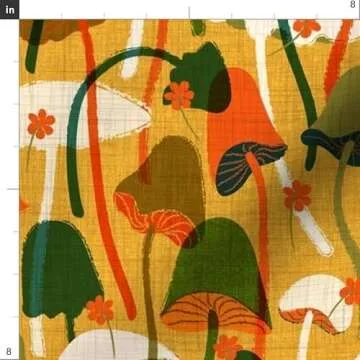 Spoonflower Fabric - Mushroom Botanical Toadstools Mustard Gold Green Kitchen Decor Printed on Petal Signature Cotton Fabric by The Yard - Sewing Quilting Apparel Crafts Decor