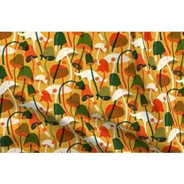 Spoonflower Fabric - Mushroom Botanical Toadstools Mustard Gold Green Kitchen Decor Printed on Petal Signature Cotton Fabric by The Yard - Sewing Quilting Apparel Crafts Decor