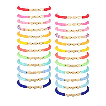 Sureio 24 Pcs Colorful Friendship Bracelets Heart Bracelets Surfer Bracelets Stretch Beaded Kids Bra...