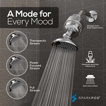 SparkPod 23-Stage Filtered Shower Head with 3 Spray Settings - High Pressure Shower Head with Filters for Dry Hair and Skin - Showerhead with Filter Reduces Chlorine & Heavy Metals (Polished Chrome)