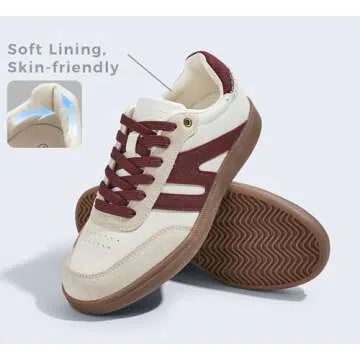 LUCKY STEP Women Classic Retro Gum Sole Fashion Sneakers Casual Tennis Skate Shoe Genuine Leather Walking Footwear Anti Slip Trainers(Beige/Red,7)