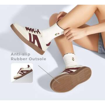 LUCKY STEP Women Classic Retro Gum Sole Fashion Sneakers Casual Tennis Skate Shoe Genuine Leather Walking Footwear Anti Slip Trainers(Beige/Red,7)