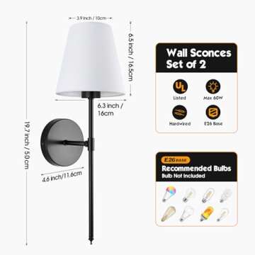 WimiSom Wall Sconces Sets of 2, Retro Industrial Wall Lamps, Bathroom Vanity Sconces Wall Lighting with White Fabric Shades, Suitable for Bedroom Living Room Kitchen Corridor (Black)