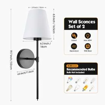 WimiSom Wall Sconces Sets of 2, Retro Industrial Wall Lamps, Bathroom Vanity Sconces Wall Lighting with White Fabric Shades, Suitable for Bedroom Living Room Kitchen Corridor (Black)