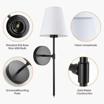 WimiSom Wall Sconces Sets of 2, Retro Industrial Wall Lamps, Bathroom Vanity Sconces Wall Lighting with White Fabric Shades, Suitable for Bedroom Living Room Kitchen Corridor (Black)