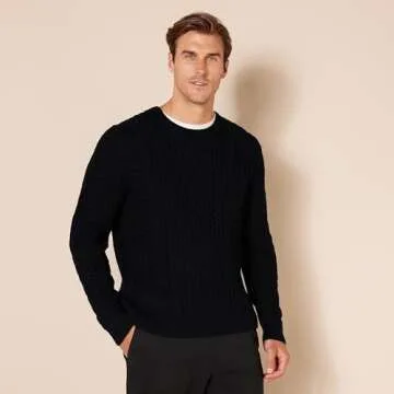 Amazon Essentials Men's Long-Sleeve 100% Cotton Fisherman Cable Crewneck Sweater, Black, Large