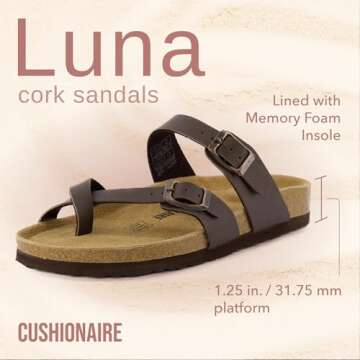 CUSHIONAIRE Luna Cork Footbed Women's Sandals - Comfortable Slip-On Slides with Adjustable Straps & ...