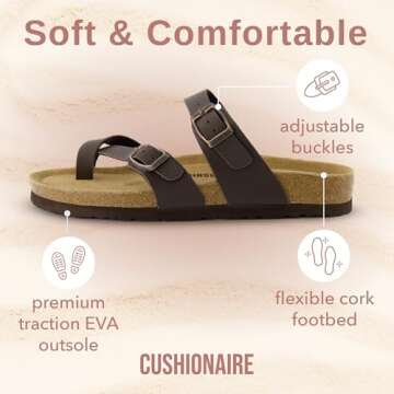 CUSHIONAIRE Luna Cork Footbed Women's Sandals - Comfortable Slip-On Slides with Adjustable Straps & Memory Foam for All-Day Wear | Beach Essential Summer Sandals for Women 2025, BROWN 8.5