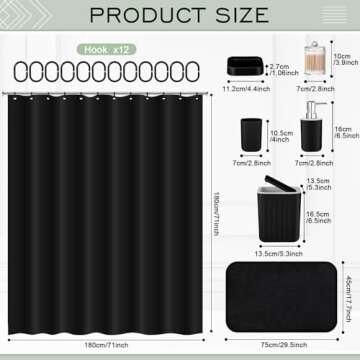 Hosuly 9 Pcs Bathroom Accessory Set Shower Curtain and 12 Hooks Table Trash Can Soap Dispenser Soap ...
