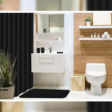 Hosuly 9 Pcs Bathroom Accessory Set Shower Curtain and 12 Hooks Table Trash Can Soap Dispenser Soap Dish Non Slip Bathroom Rugs Cup and Cotton Swab Holder Complete for Bathroom Decor (Black)