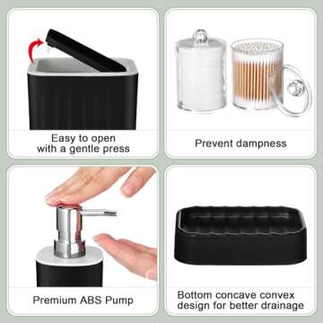 Hosuly 9 Pcs Bathroom Accessory Set Shower Curtain and 12 Hooks Table Trash Can Soap Dispenser Soap Dish Non Slip Bathroom Rugs Cup and Cotton Swab Holder Complete for Bathroom Decor (Black)