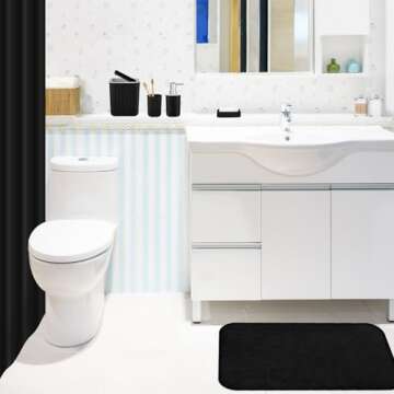 Hosuly 9 Pcs Bathroom Accessory Set Shower Curtain and 12 Hooks Table Trash Can Soap Dispenser Soap Dish Non Slip Bathroom Rugs Cup and Cotton Swab Holder Complete for Bathroom Decor (Black)