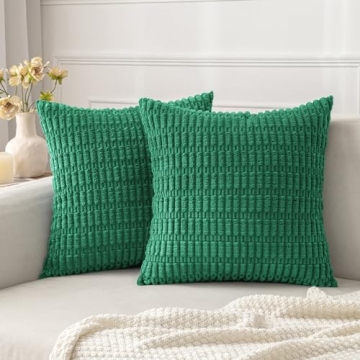 MIULEE Pack of 2 Green Corduroy Decorative Pillow Covers 18x18 Inch Soft Boho Striped Throw Pillow C...