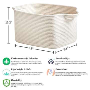 R RUNKA Cotton Rope Storage Basket Set of 3 (15"x10.2"x9.1") - Rectangle Storage Bins - Versatile To...