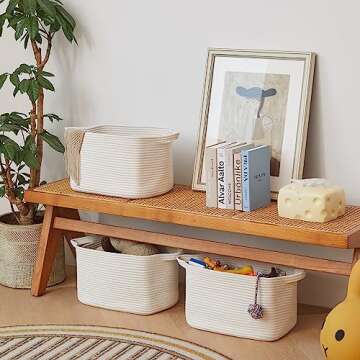 R RUNKA Cotton Rope Storage Basket Set of 3 (15"x10.2"x9.1") - Rectangle Storage Bins - Versatile Toy Storage Organizer - Perfect for Kids, Dog Toys, Books, Shelves - White