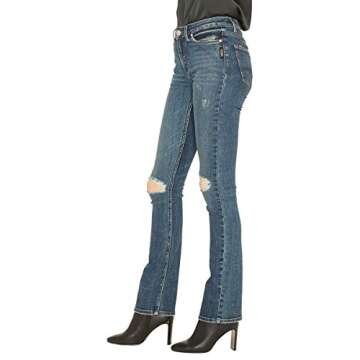 Silver Jeans Co. Women's Bleecker Mid Rise Skinny Bootcut Jeans-Legacy, Medium Indigo Distressed, 29x33