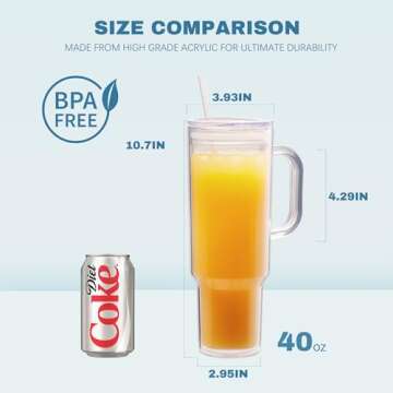 MEWAY 40 oz Tumbler with Handle and Straw Lid，Double Wall Vacuum Reusable plastic Water Bottle Travel Mug Cup，Classic Acrylic Tumblers Cupholder Friendly (2 Pack)