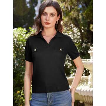 Short Sleeve Sweater for Women V Neck Collar Pullover Sweater Casual Ribbed Polo Shirt Business Casual Tops Black L