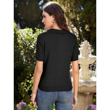 Short Sleeve Sweater for Women V Neck Collar Pullover Sweater Casual Ribbed Polo Shirt Business Casual Tops Black L