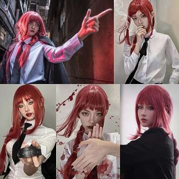 Long Pink Red Braid Wig with Bang for Women, Red Braided Anime Wig Heat Resistant Synthetic Hair for...