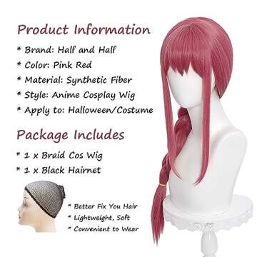 Long Pink Red Braid Wig with Bang for Women, Red Braided Anime Wig Heat Resistant Synthetic Hair for Halloween Costume Party (27.5 Inch)