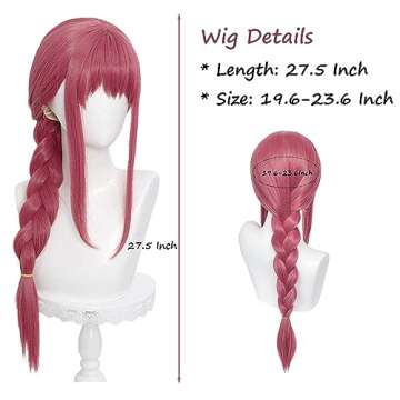 Long Pink Red Braid Wig with Bang for Women, Red Braided Anime Wig Heat Resistant Synthetic Hair for Halloween Costume Party (27.5 Inch)